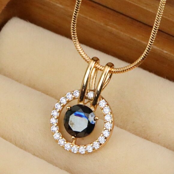 "Elegant Black Round Pendant with Gold and Crystal Halo Design, XPPT1713 - Picture 1 of 13